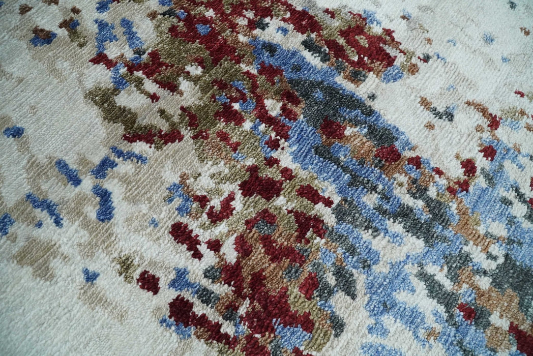 Handmade 8x10 Ivory, Blue and Red Abstract bamboo Silk Area Rug | TRDS2810