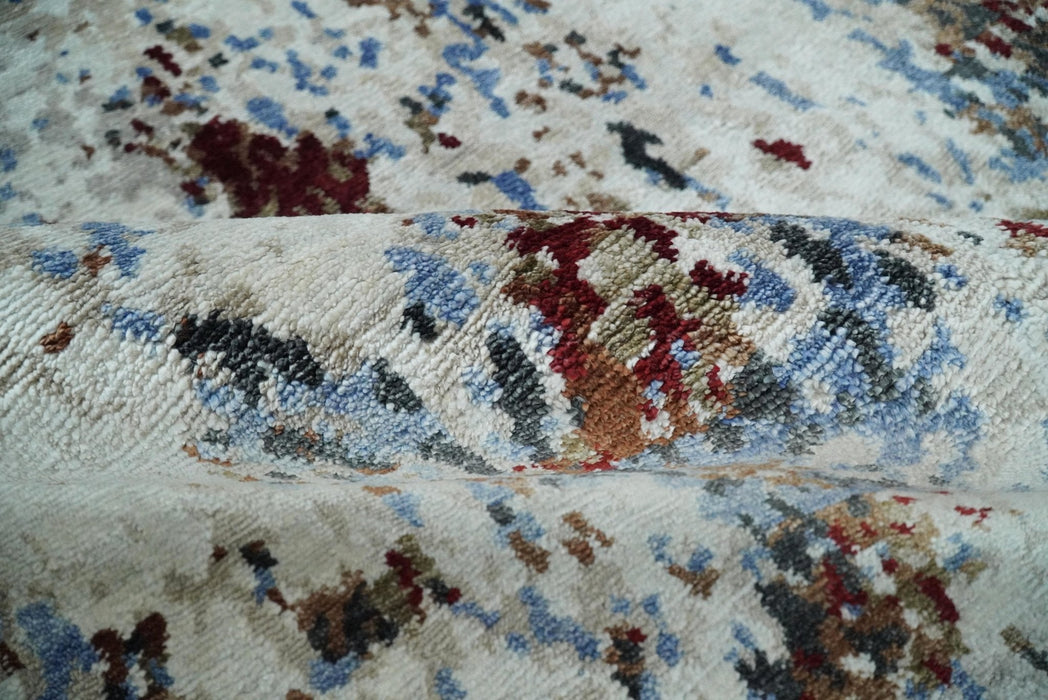 Handmade 8x10 Ivory, Blue and Red Abstract bamboo Silk Area Rug | TRDS2810