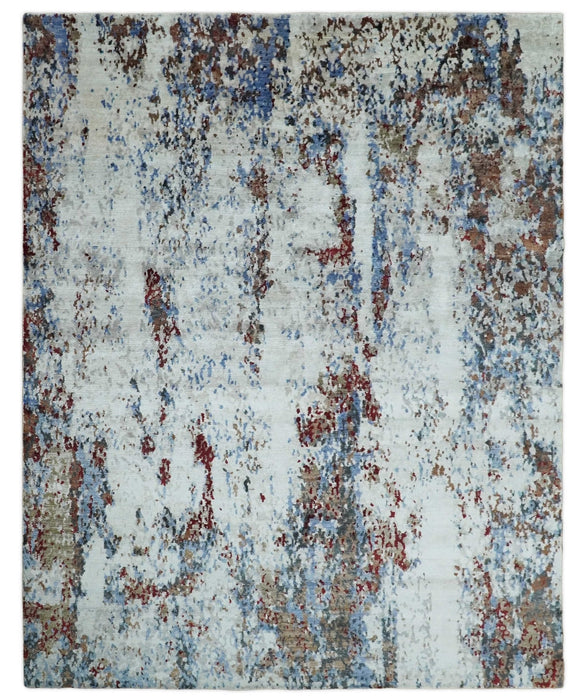Handmade 8x10 Ivory, Blue and Red Abstract bamboo Silk Area Rug | TRDS2810