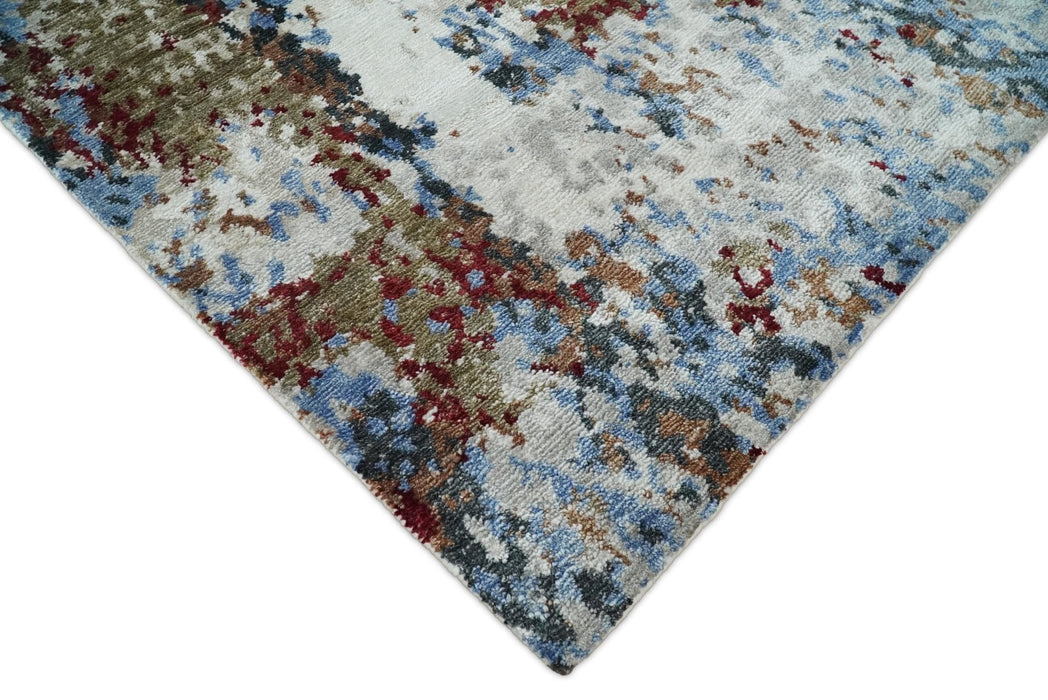 Hand Knotted 8x10 Ivory And Brown  Modern Abstract bamboo Silk Area Rug