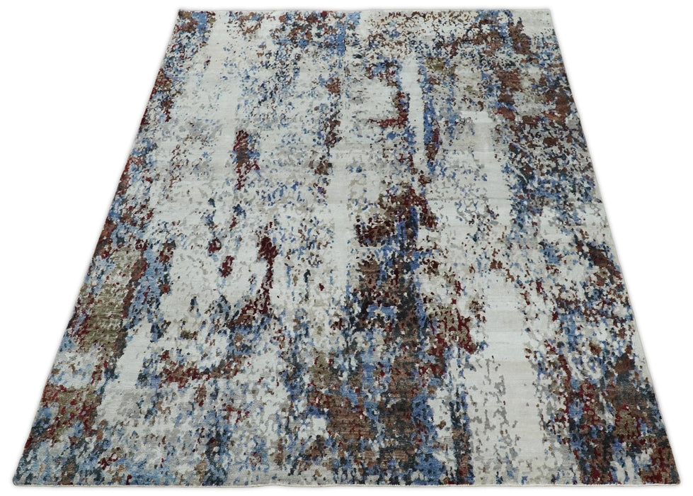 Handmade 8x10 Ivory, Blue and Red Abstract bamboo Silk Area Rug | TRDS2810
