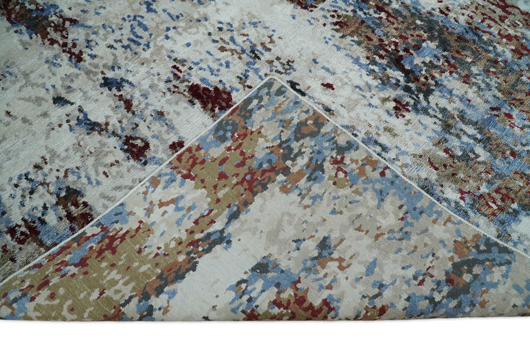 Handmade 8x10 Ivory, Blue and Red Abstract bamboo Silk Area Rug | TRDS2810