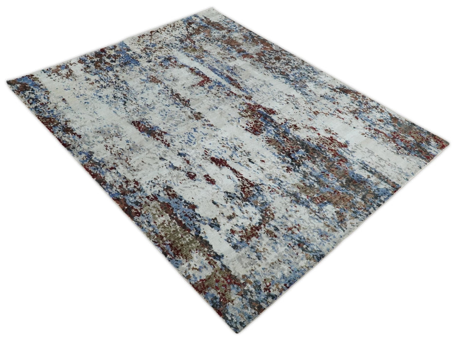 Handmade 8x10 Ivory, Blue and Red Abstract bamboo Silk Area Rug | TRDS2810