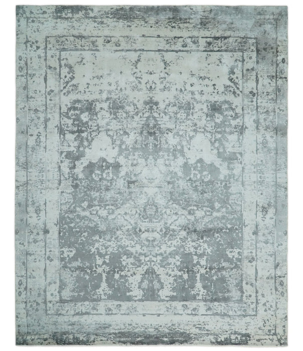 Handmade 7.10x9.9 Abstract Ivory and Gray Blended Wool and Bamboo Silk Area Rug