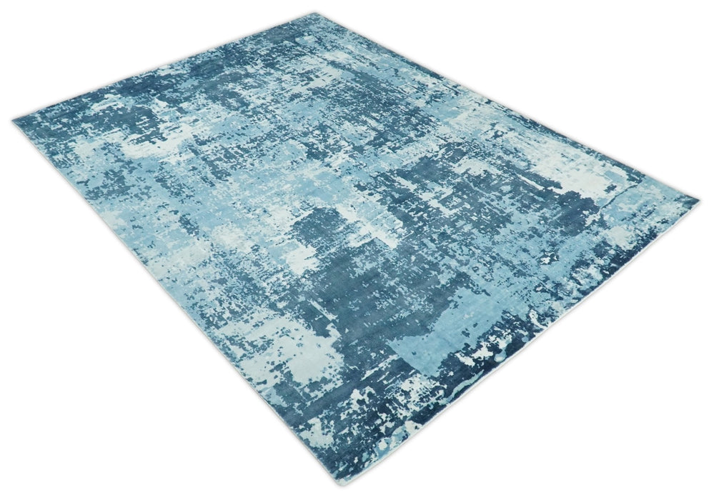 Handmade 8x10, 9x12 and 9.9x13.9 White and Blue Blended Wool and Bamboo Silk Area Rug