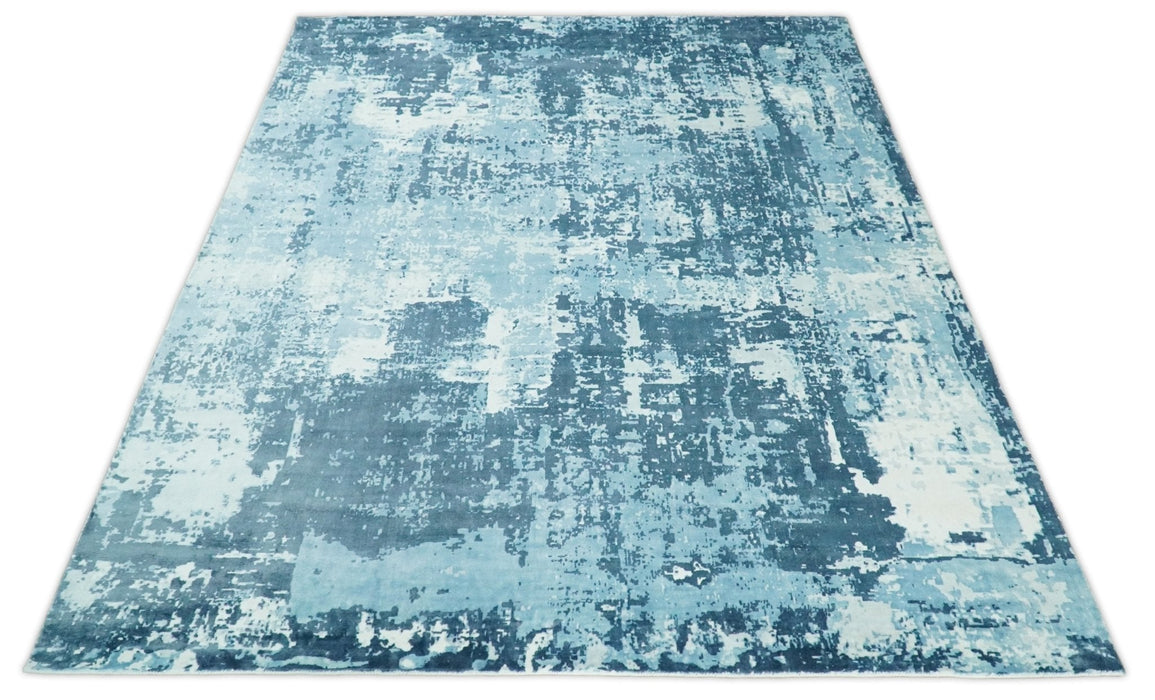 Handmade 8x10, 9x12 and 9.9x13.9 White and Blue Blended Wool and Bamboo Silk Area Rug