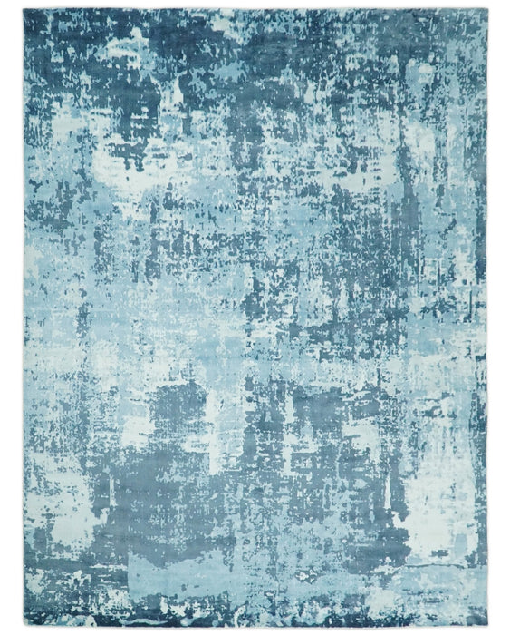 Handmade 8x10, 9x12 and 9.9x13.9 White and Blue Blended Wool and Bamboo Silk Area Rug