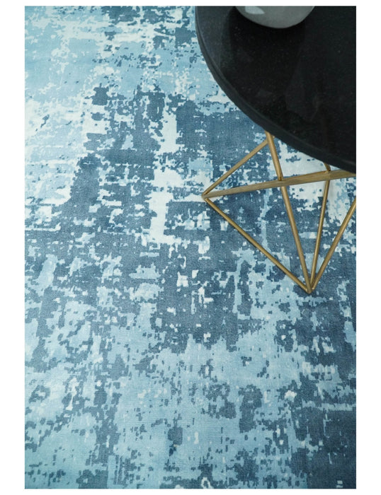 Handmade 8x10, 9x12 and 9.9x13.9 White and Blue Blended Wool and Bamboo Silk Area Rug