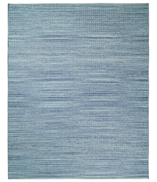 Handmade Boho 5x8 and 8x10 Ivory and Blue Wool Blend Dhurrie Rug | VIK3