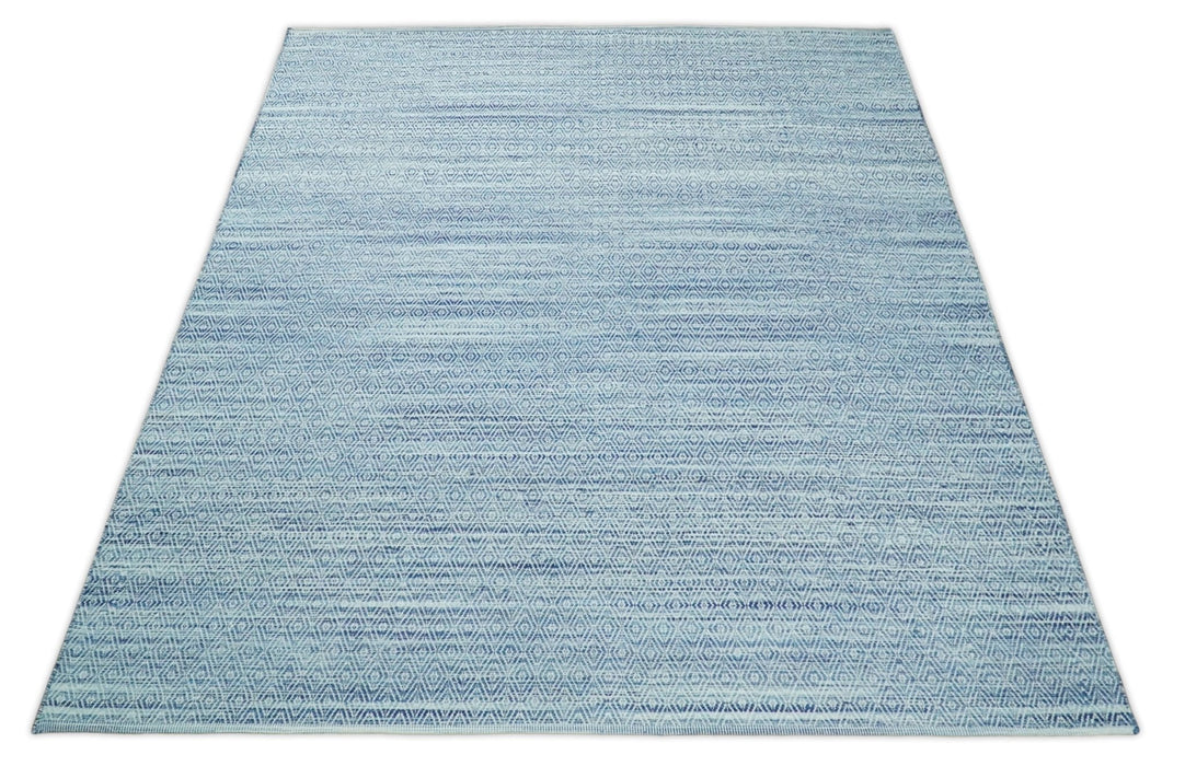 Handmade Boho Ivory and Blue Wool Blend Dhurrie Rug