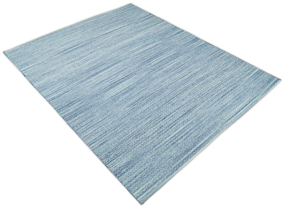 Handmade Boho 5x8 and 8x10 Ivory and Blue Wool Blend Dhurrie Rug | VIK3