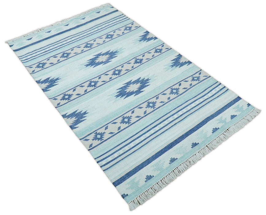 Handmade Boho 2x3, 5x8 and 8x10 White and Blue Wool Blend Dhurrie Rug | VIK1