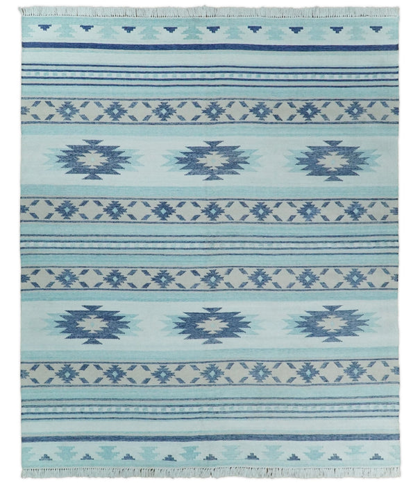 Handmade Boho 2x3, 5x8 and 8x10 White and Blue Wool Blend Dhurrie Rug | VIK1