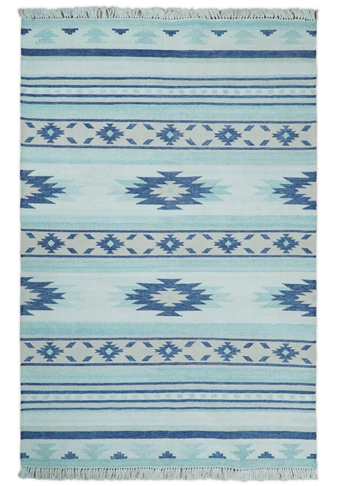Handmade Boho 2x3, 5x8 and 8x10 White and Blue Wool Blend Dhurrie Rug | VIK1