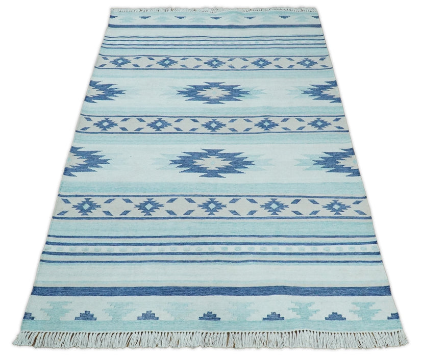 Handmade Boho 2x3, 5x8 and 8x10 White and Blue Wool Blend Dhurrie Rug | VIK1