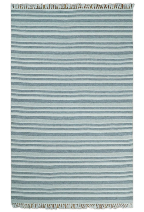 HANDMADE BOHO 5X8 AND 8X10 WHITE AND Gray WOOL BLEND DHURRIE RUG | VIK2
