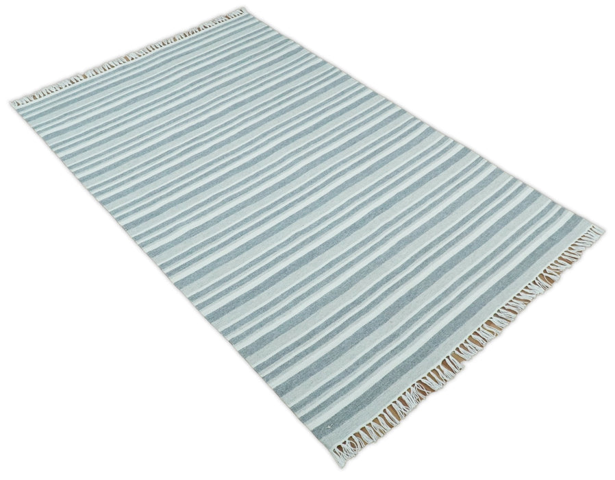 HANDMADE BOHO 5X8 AND 8X10 WHITE AND Gray WOOL BLEND DHURRIE RUG | VIK2