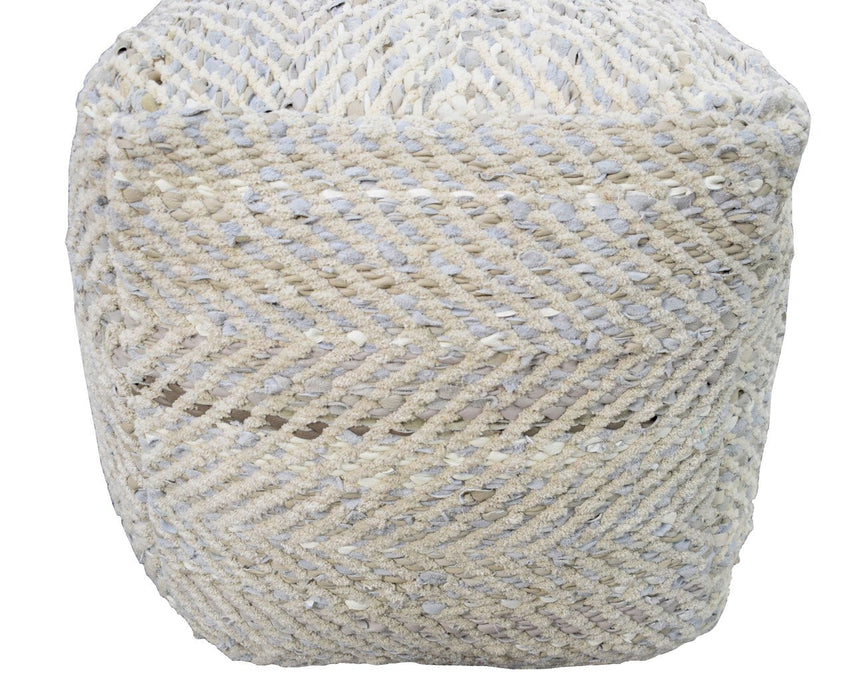 Silver and Beige Modern Leather and Chenille Pouf Ottoman, Chevron Design Pouf, Chair, Couch, Side Table, Foot Rest, Foot Stool, Side table |  TRD104