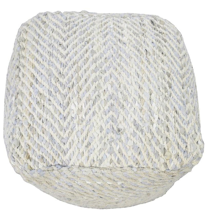 Silver and Beige Modern Leather and Chenille Pouf Ottoman, Chevron Design Pouf, Chair, Couch, Side Table, Foot Rest, Foot Stool, Side table |  TRD104