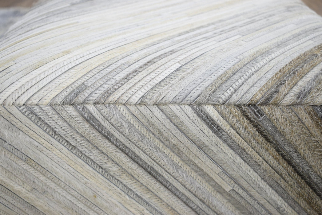 Ivory, Silver and Brown Square Leather Pouf Ottoman, Striped Footstool, Side table, Seat , Foot Rest | TRD106