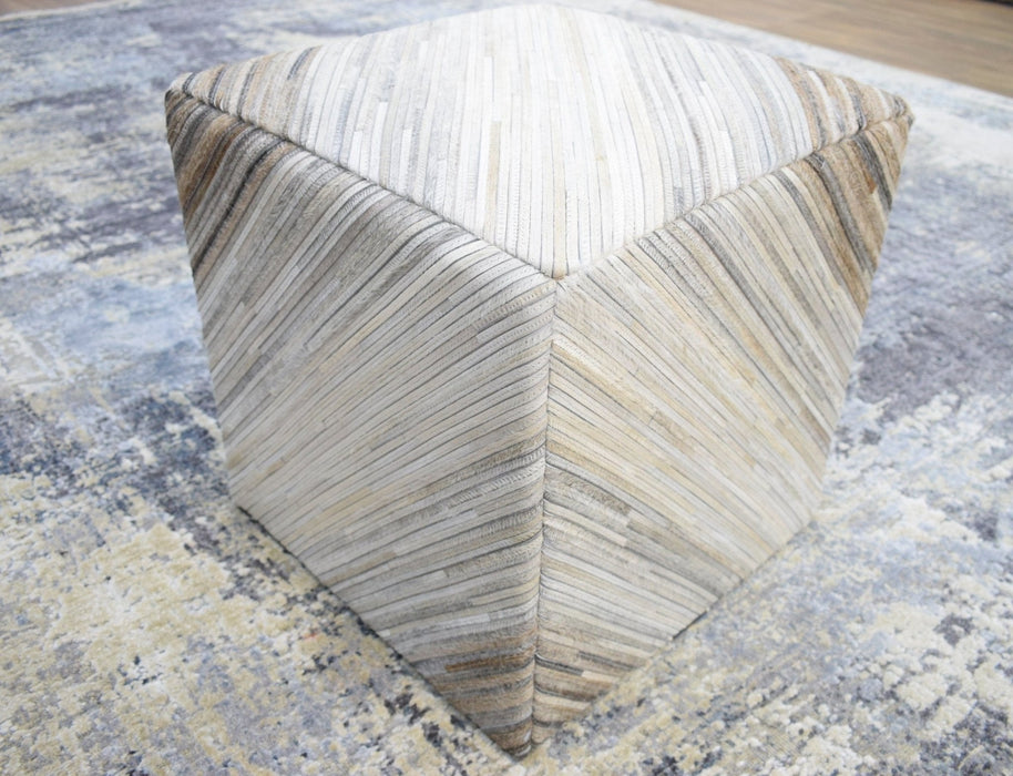 Ivory, Silver and Brown Square Leather Pouf Ottoman, Striped Footstool, Side table, Seat , Foot Rest | TRD106