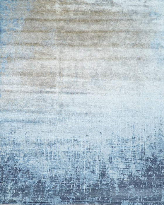 Handmade Modern Abstract Blue and Silver bamboo Silk 8x10 Area Rug I SK35810