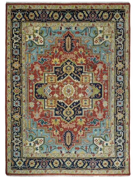 Rust, Blue and Beige Traditional Heriz Medallion Hand Knotted Multi Size Wool Area Rug