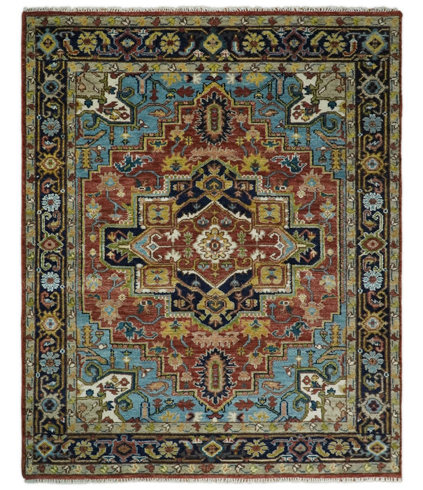 Rust, Blue and Beige Traditional Heriz Medallion Hand Knotted Multi Size Wool Area Rug
