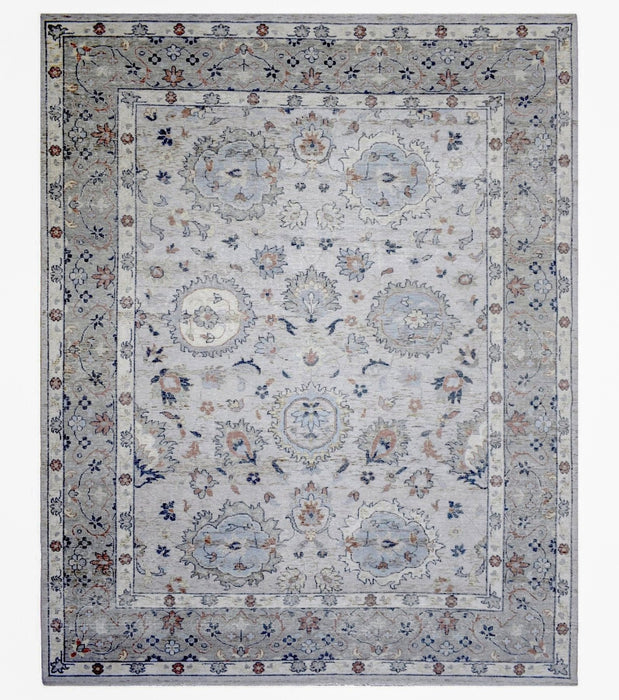 Hand Knotted Distressed traditional 8x10 Ivory and Silver Wool Area Rug