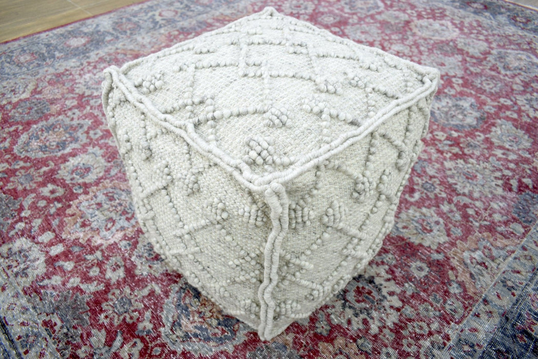 Boho Handwoven Ivory Pouf Ottoman Made with Wool Blend, Tribal Design, Footstool, Couch, Side table  | TRD111
