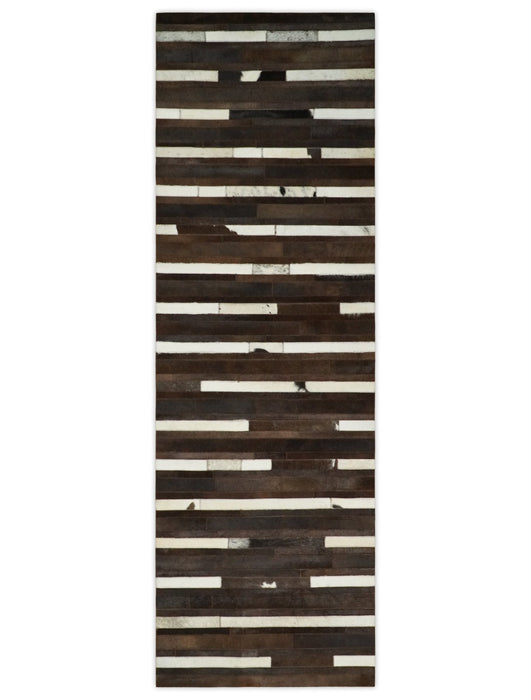 Handwoven Flatweave Hairon Genuine Leather Brown Tan and Ivory Area Rug | LR3