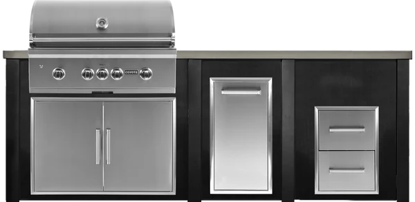 96" Coyote Outdoor Kitchen Island w/ 2 Drawer Cabinet, Right Side Grill, Brushed Black