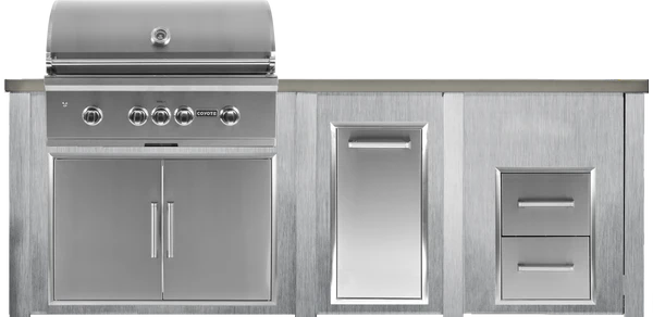 96" Coyote Outdoor Kitchen Island w/ 2 Drawer Cabinet, Right Side Grill, Harbor Gray