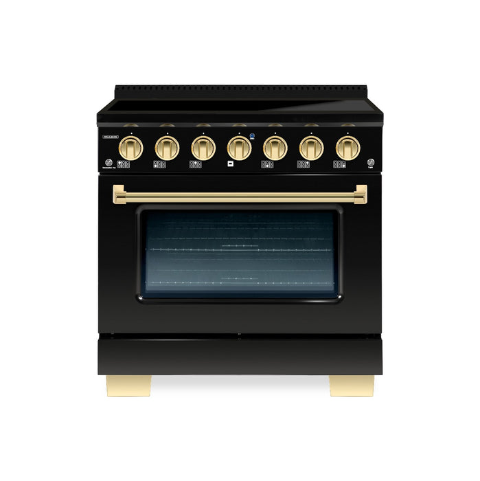 Hallman Bold 36-inch Induction Range in Glossy Black with Brass Trim SKU HBIR36BSGB