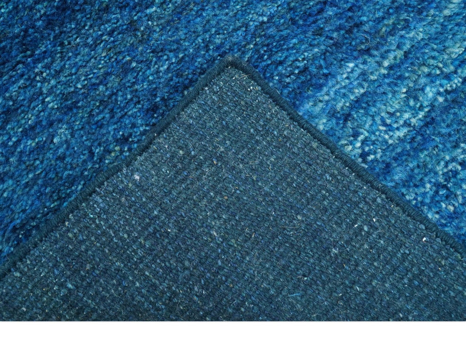 High Pile Blue Hand knotted Contemporary Custom Made Solid Afghan wool Area Rug