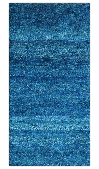 High Pile Blue Hand knotted Contemporary Custom Made Solid Afghan wool Area Rug