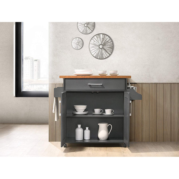 Hodedah Wheeled Kitchen Island Cart with Spice Rack and Towel Holder, Gray/Oak