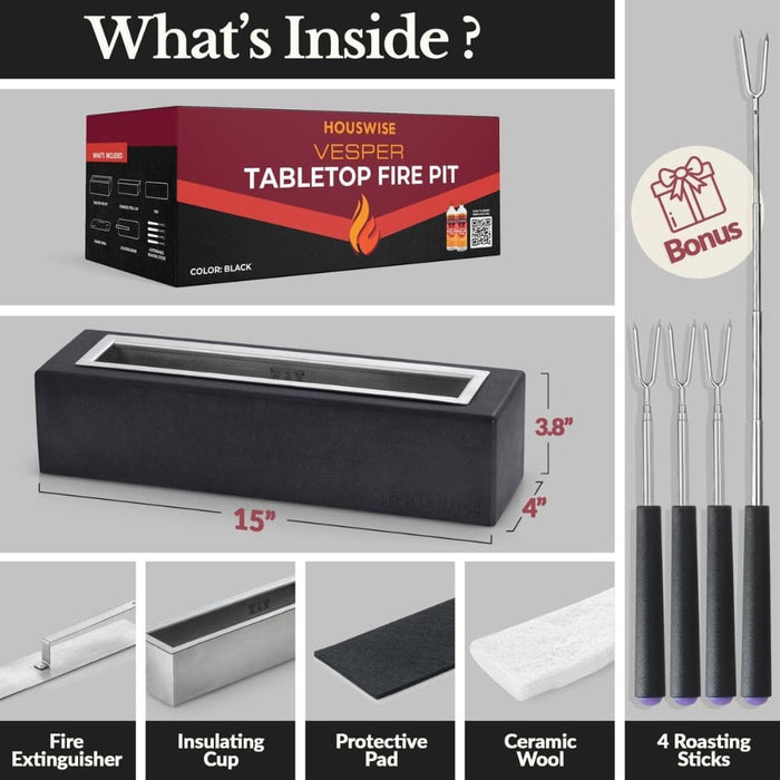 Houswise Vesper 15-Inch Rectangular Table Top Ethanol Fire Pit