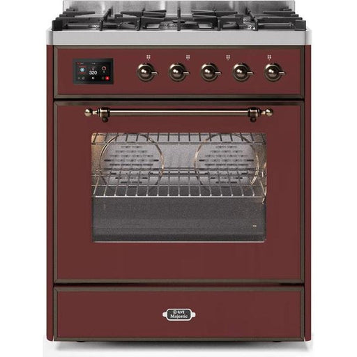 ILVE 30" Majestic II Series Gas Burner and Electric Oven Range with 5 Sealed Burners (UM30DNE3) - Burgundy with Bronze Trim