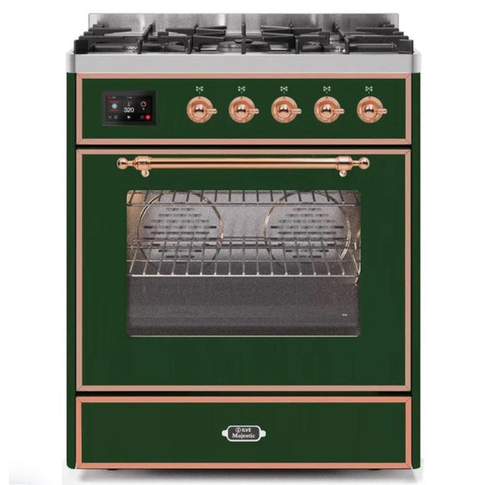 ILVE 30" Majestic II Series Gas Burner and Electric Oven Range with 5 Sealed Burners (UM30DNE3) - Emerald Green with Copper Trim