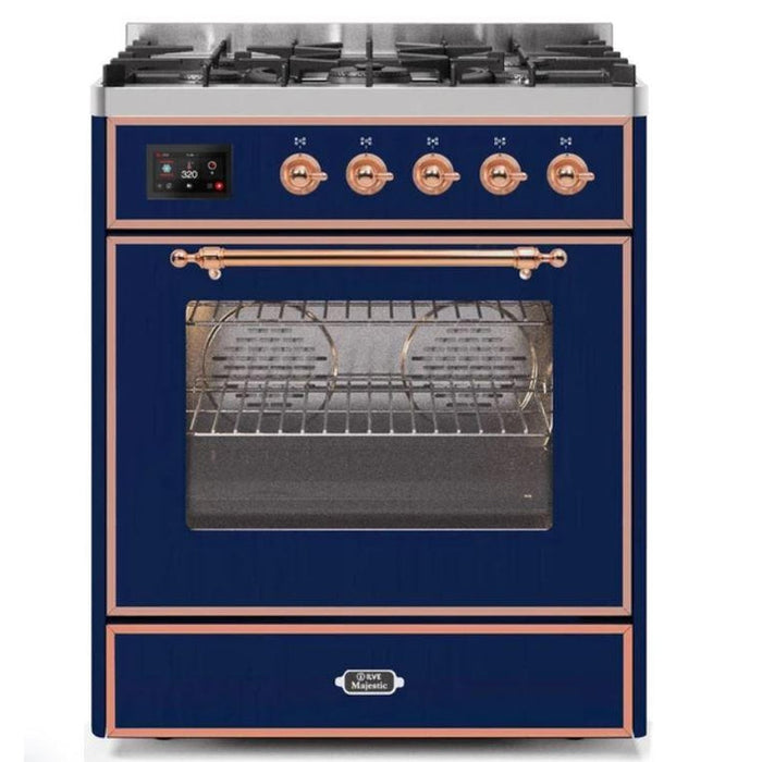 ILVE 30" Majestic II Series Gas Burner and Electric Oven Range with 5 Sealed Burners (UM30DNE3) - Midnight Blue with Copper Trim