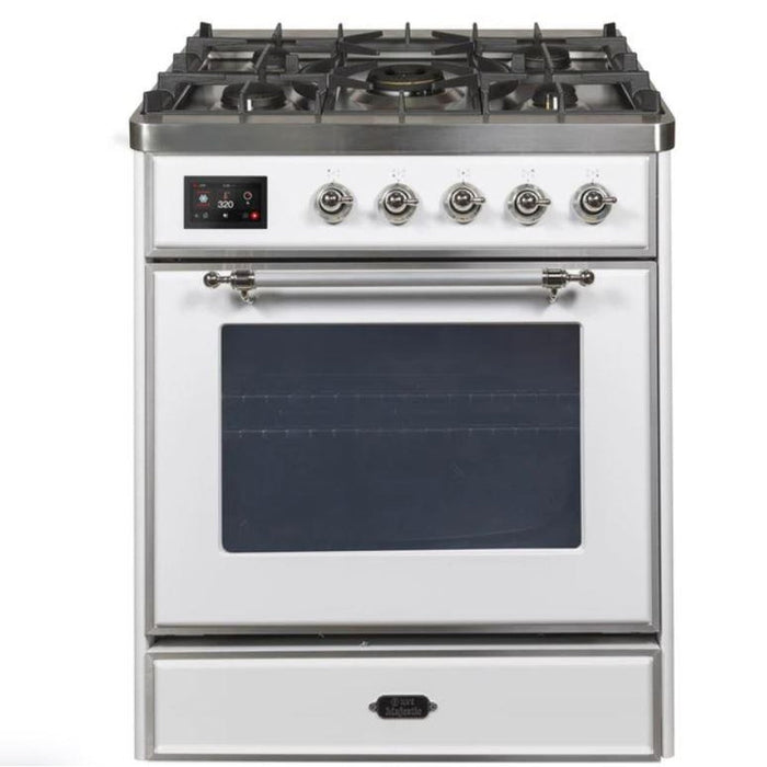 ILVE 30" Majestic II Series Gas Burner and Electric Oven Range with 5 Sealed Burners (UM30DNE3) - White with Chrome Trim