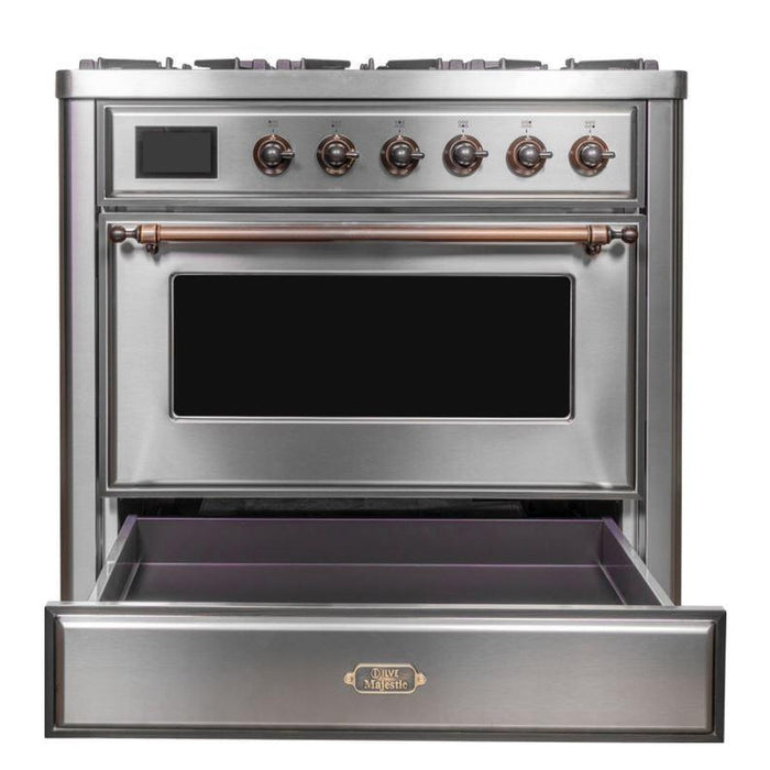 ILVE 36 Inch Majestic II Series Dual Fuel Natural Gas Range with 6 Burners and Griddle with 3.5 cu. ft. Oven Capacity TFT Oven Control Display (UM09FDNS3)