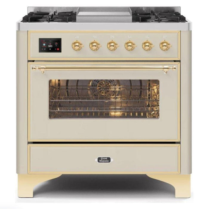 ILVE - Majestic II Series - 36 Inch Dual Fuel Freestanding Range Gas/Propane (UM09FDNS3) - Antique White with Brass Trim