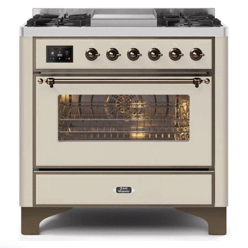 ILVE - Majestic II Series - 36 Inch Dual Fuel Freestanding Range Gas/Propane (UM09FDNS3) - Antique White with Bronze Trim