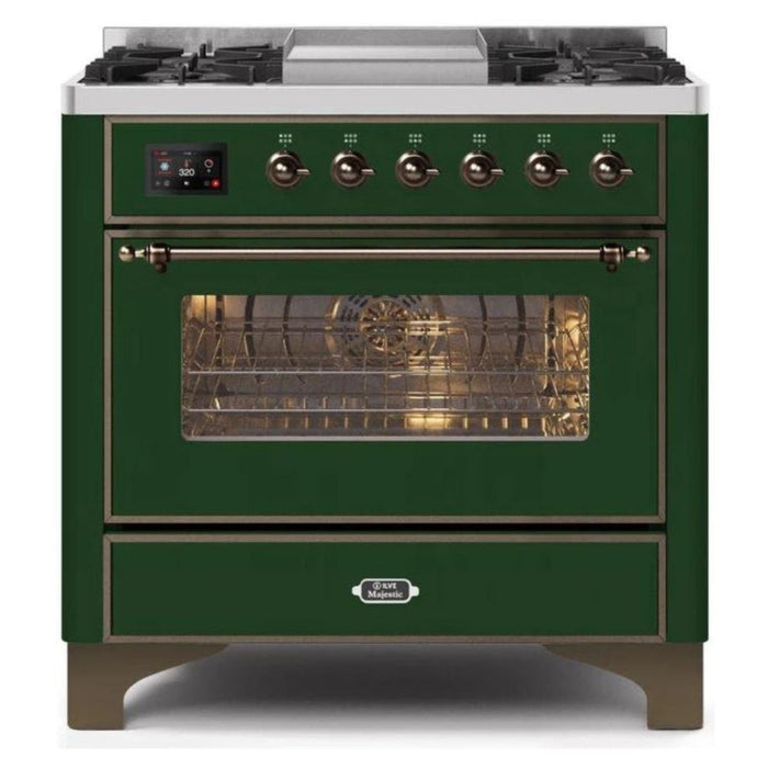 ILVE - Majestic II Series - 36 Inch Dual Fuel Freestanding Range Gas/Propane (UM09FDNS3) - Emerald Green Bronze Trim