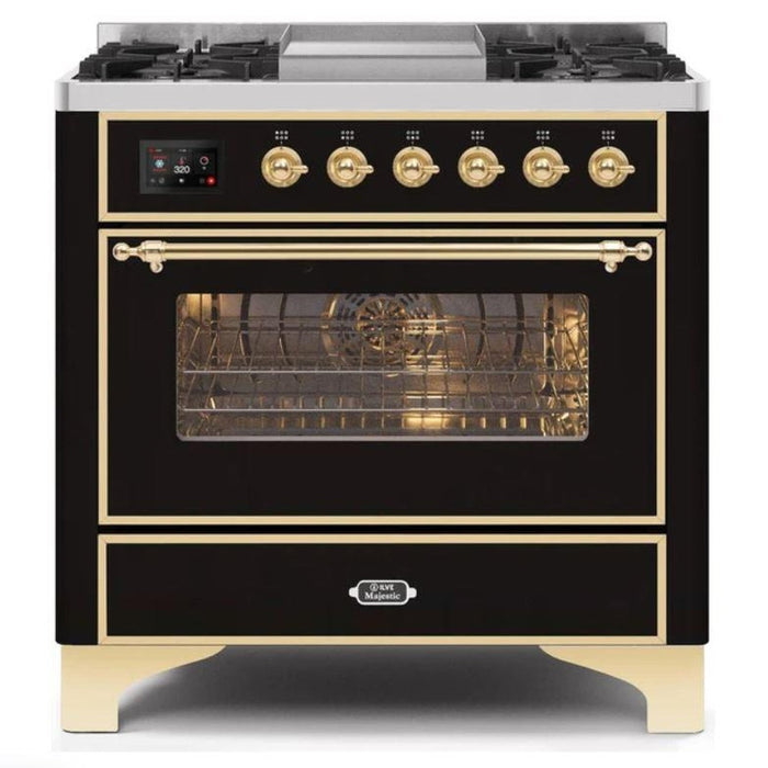 ILVE - Majestic II Series - 36 Inch Dual Fuel Freestanding Range Gas/Propane (UM09FDNS3) - Glossy Black with BrassTrim