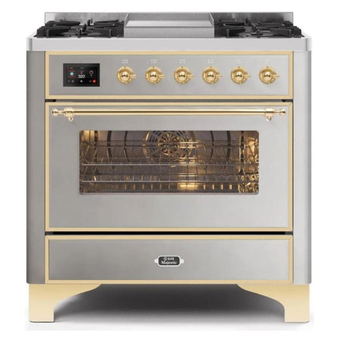 ILVE - Majestic II Series - 36 Inch Dual Fuel Freestanding Range Gas/Propane (UM09FDNS3) - Stainless Steel Brass Trim