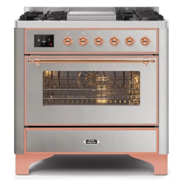 ILVE - Majestic II Series - 36 Inch Dual Fuel Freestanding Range Gas/Propane (UM09FDNS3) - Stainless Steel Copper Trim