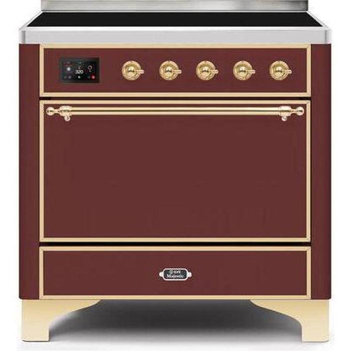 ILVE - Majestic II Series - 36 Inch Electric Freestanding Range (UMI09QNS3) - Burgundy with Brass Trim